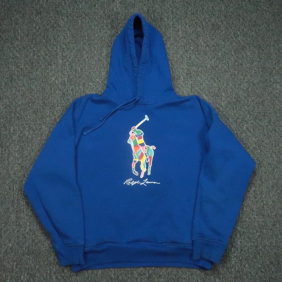 Polo Ralph Lauren Hoodie Mens Medium Blue Rainbow Big Pony Pullover Big Fit